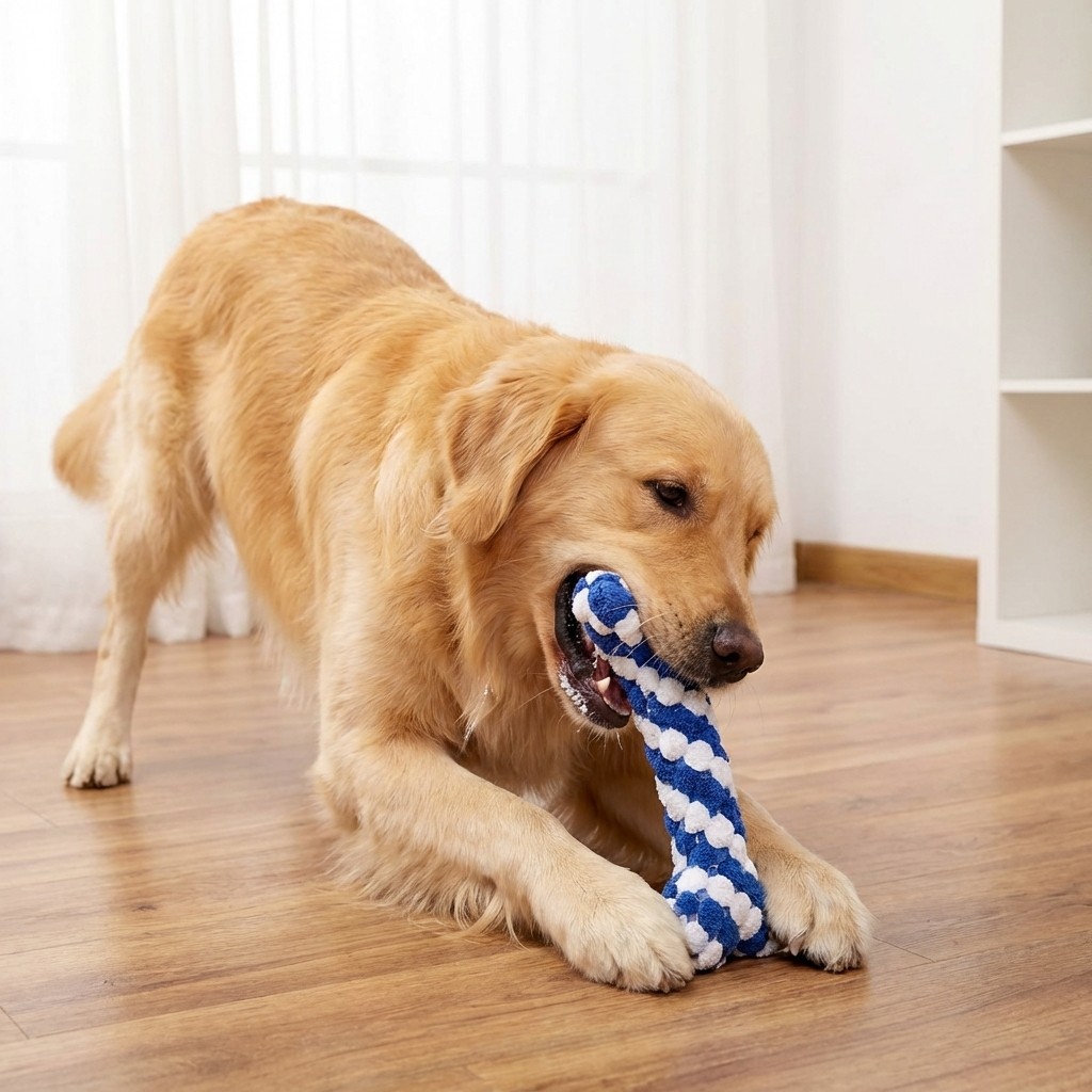 Dog enjoying a chew toy
