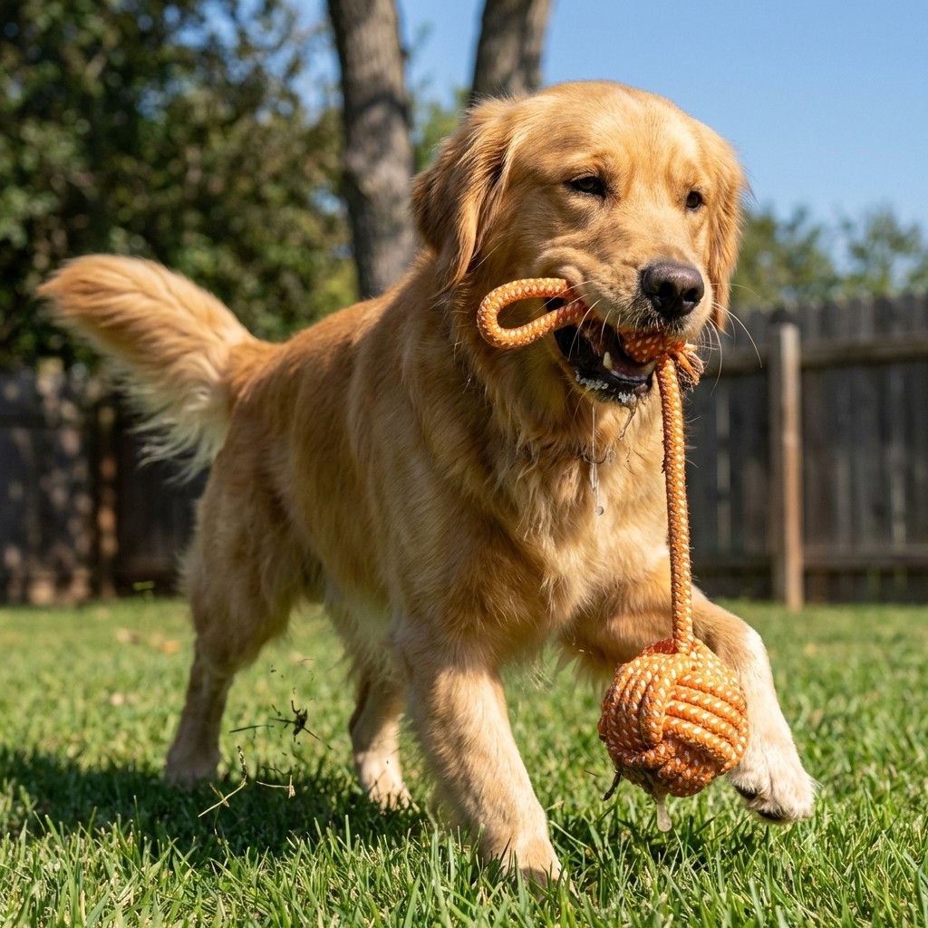 Happy customer running with a toy