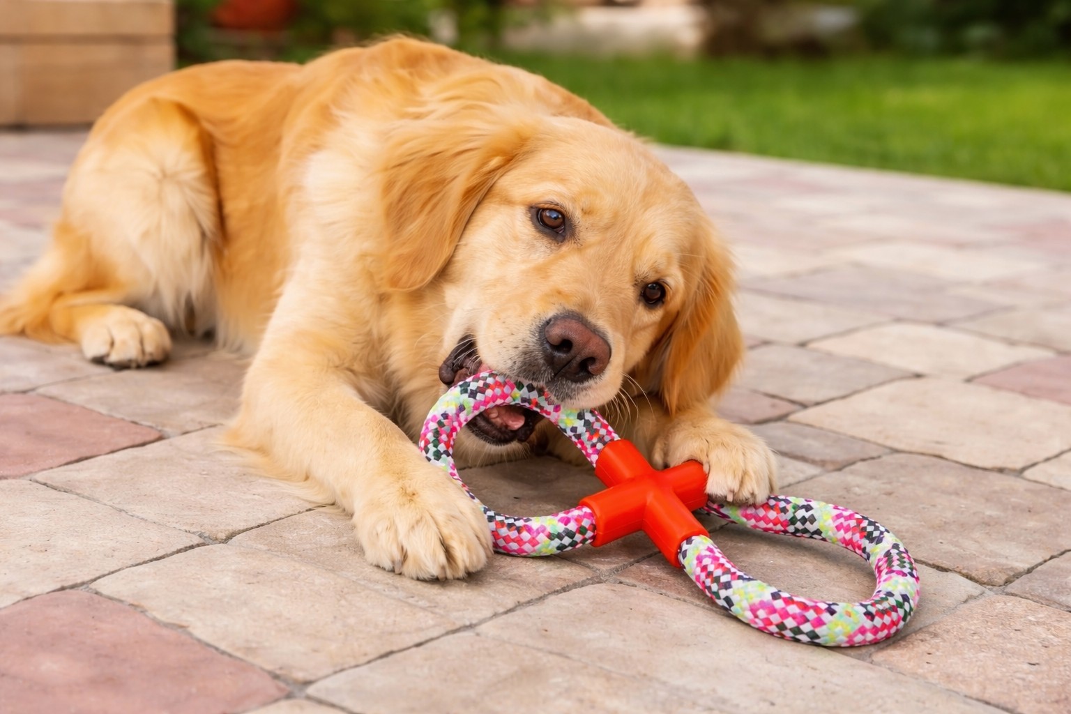 Dog tugging a rope toy
